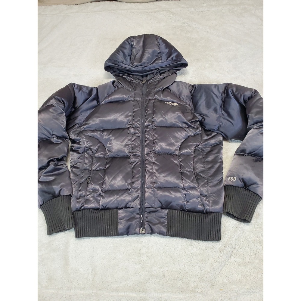 The North Face Steel Gray 550 Hooded Puffer Jacket Medium Logo Winter Retro Cozy